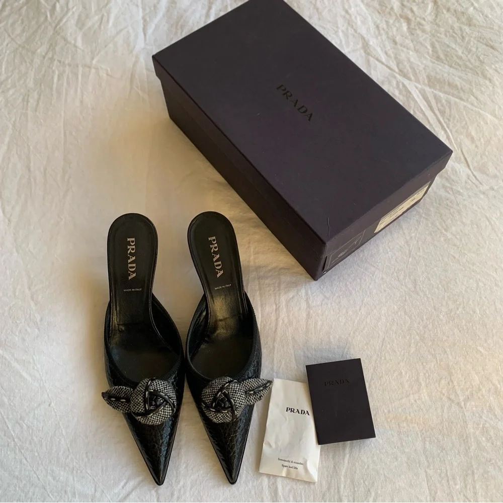 Vintage Prada Tweed Rosette Flower Pebbled Leather Pointy Toe Mules Kitten Heels - Picture 9 of 11